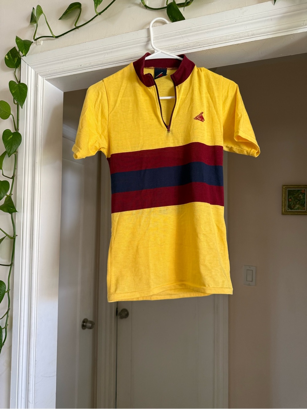 Vintage yellow maroon navy stripe bike shirt by cannondale size XS